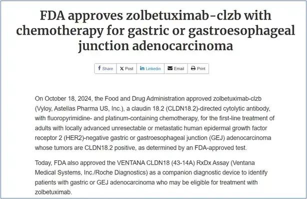 可愈有道_FDA批准zolbetuximab-clzb联合化疗用于CLDN18.2阳性胃癌和胃食管结合部腺癌患者